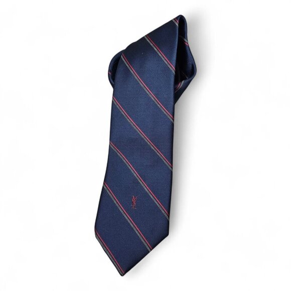 Yves Saint Laurent YSL Silk Tie Stripe Navy And Red Suit Long Necktie COA